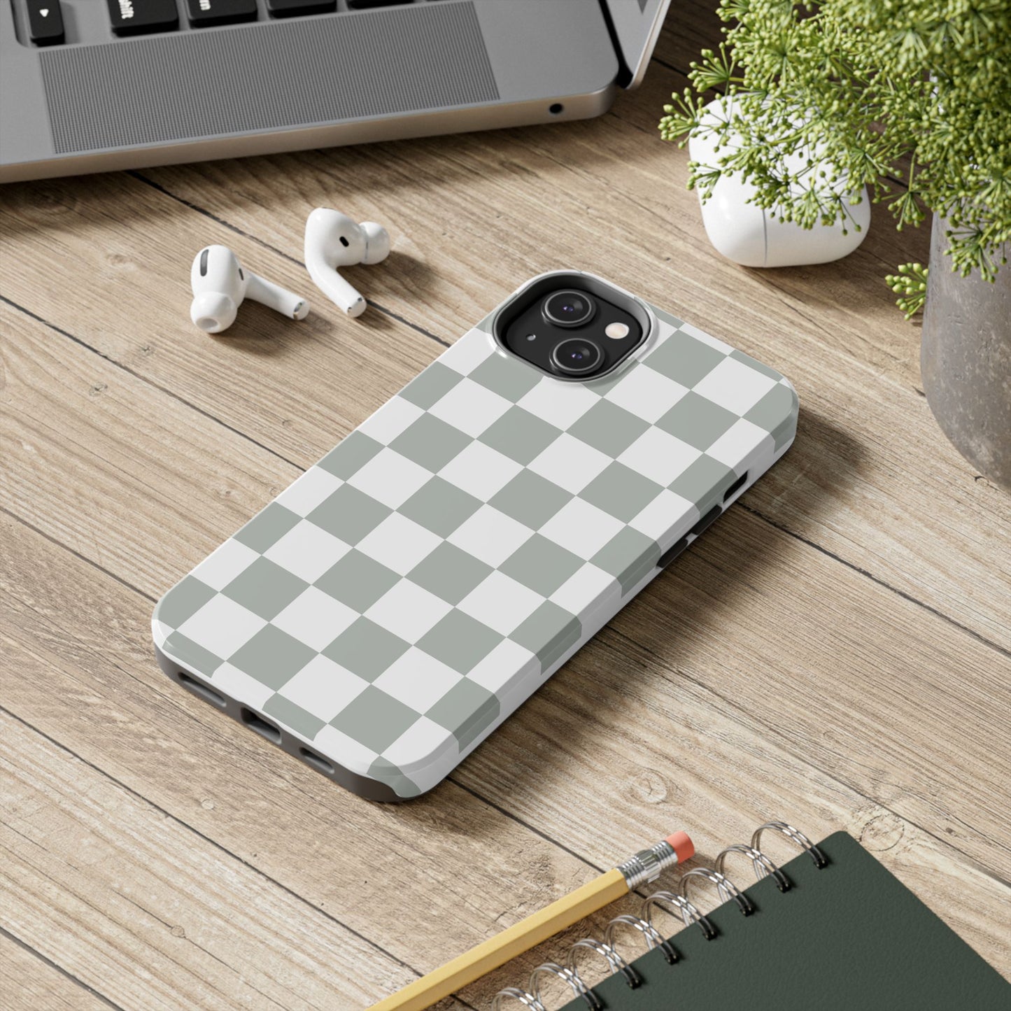 sage green checkered phone case