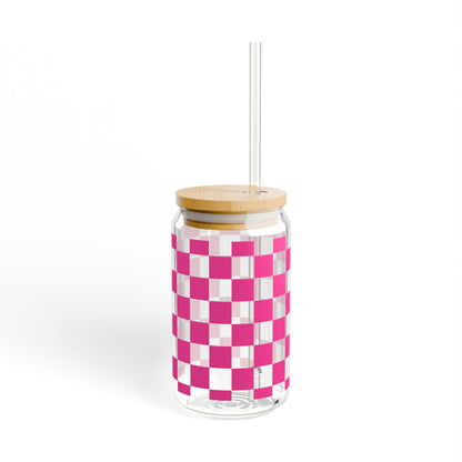 hot pink checkered glass can cup