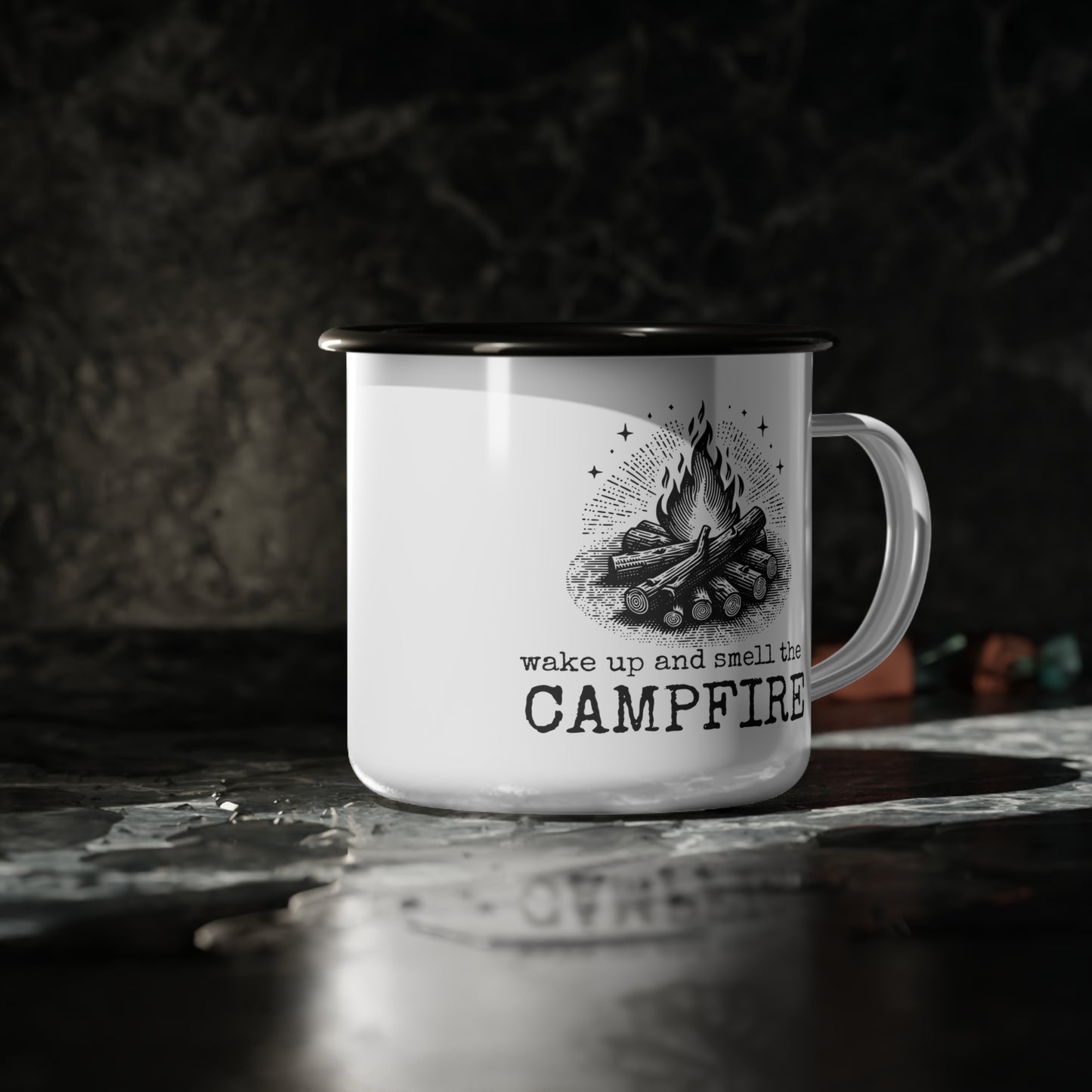 wake up and smell the campfire enamel mug