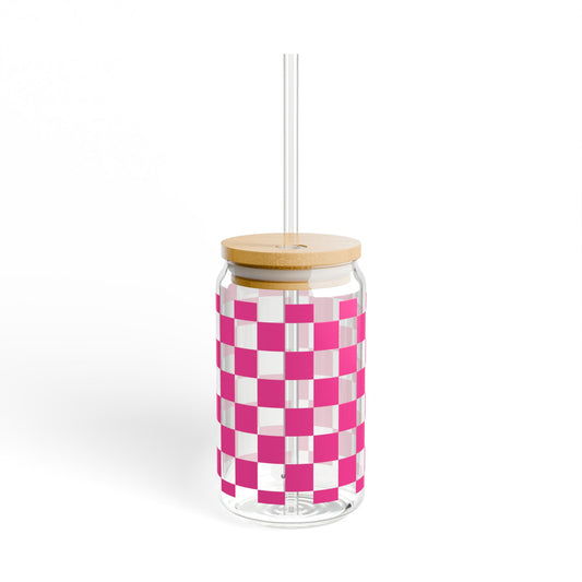 hot pink checkered glass can cup