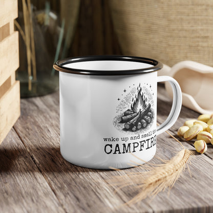 wake up and smell the campfire enamel mug