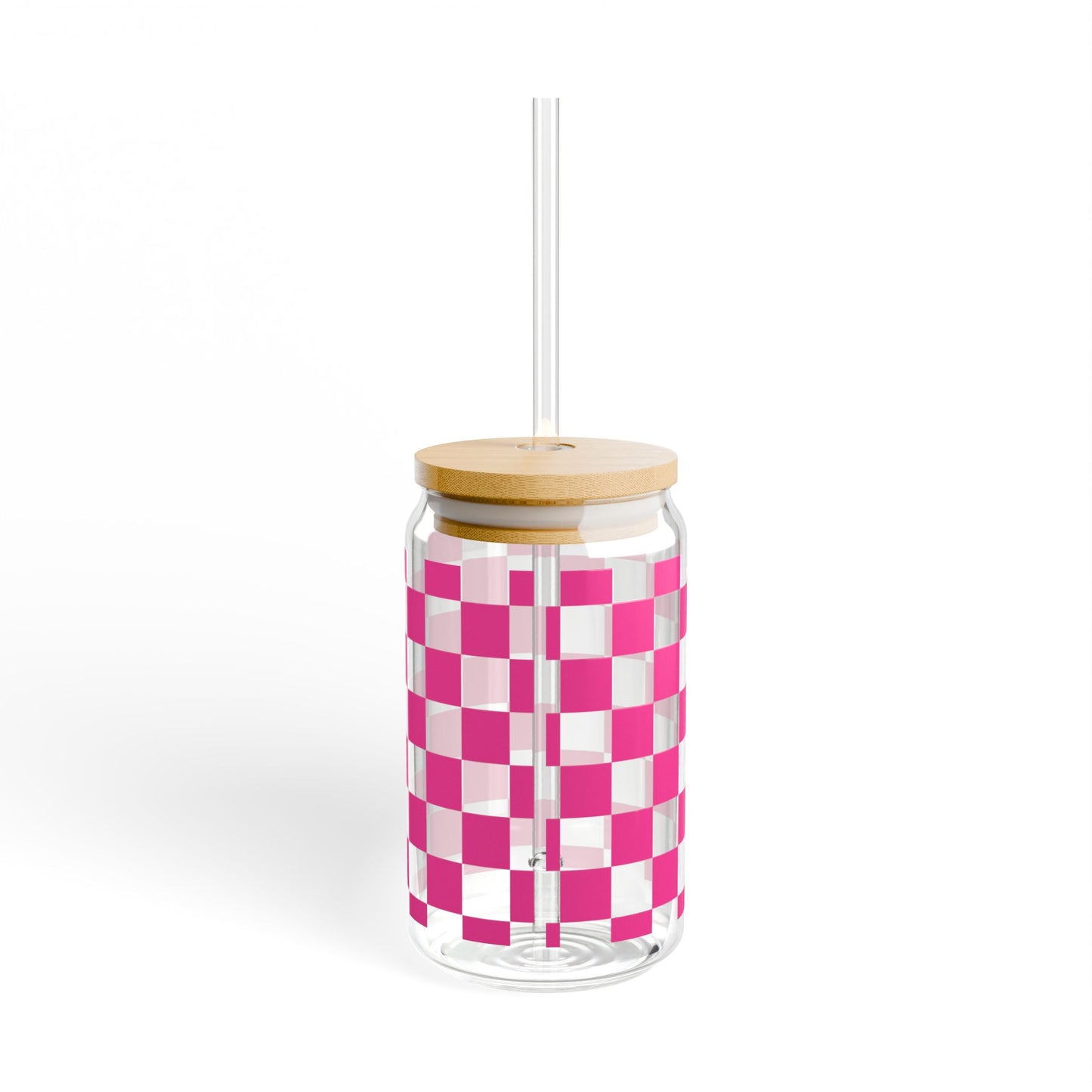 hot pink checkered glass can cup