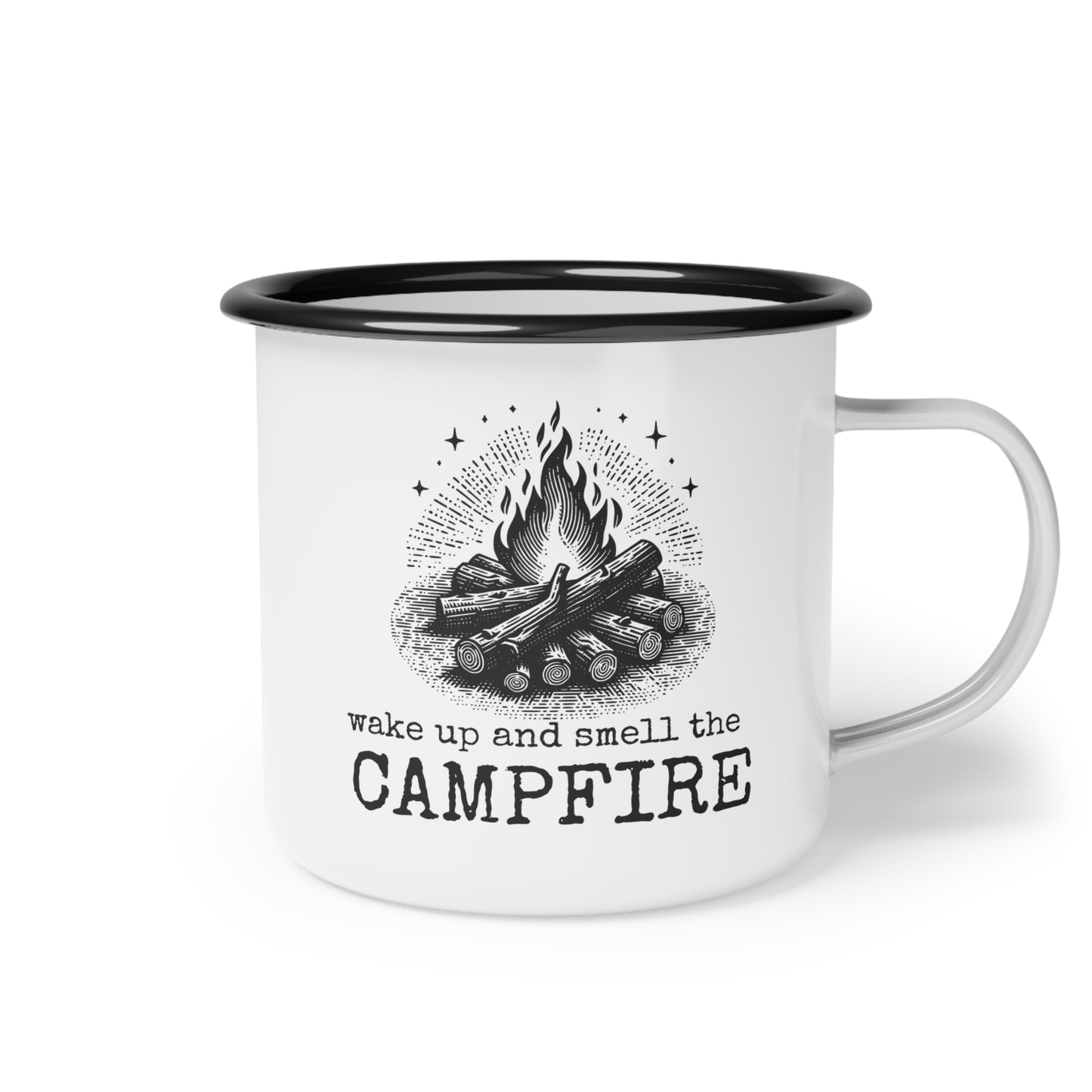 wake up and smell the campfire enamel mug