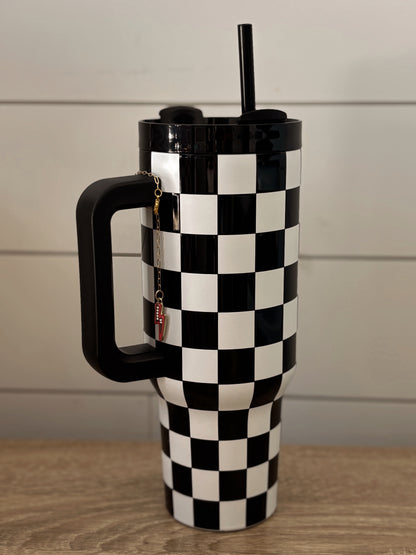 Black & White Checkered Tumbler w/ Charm