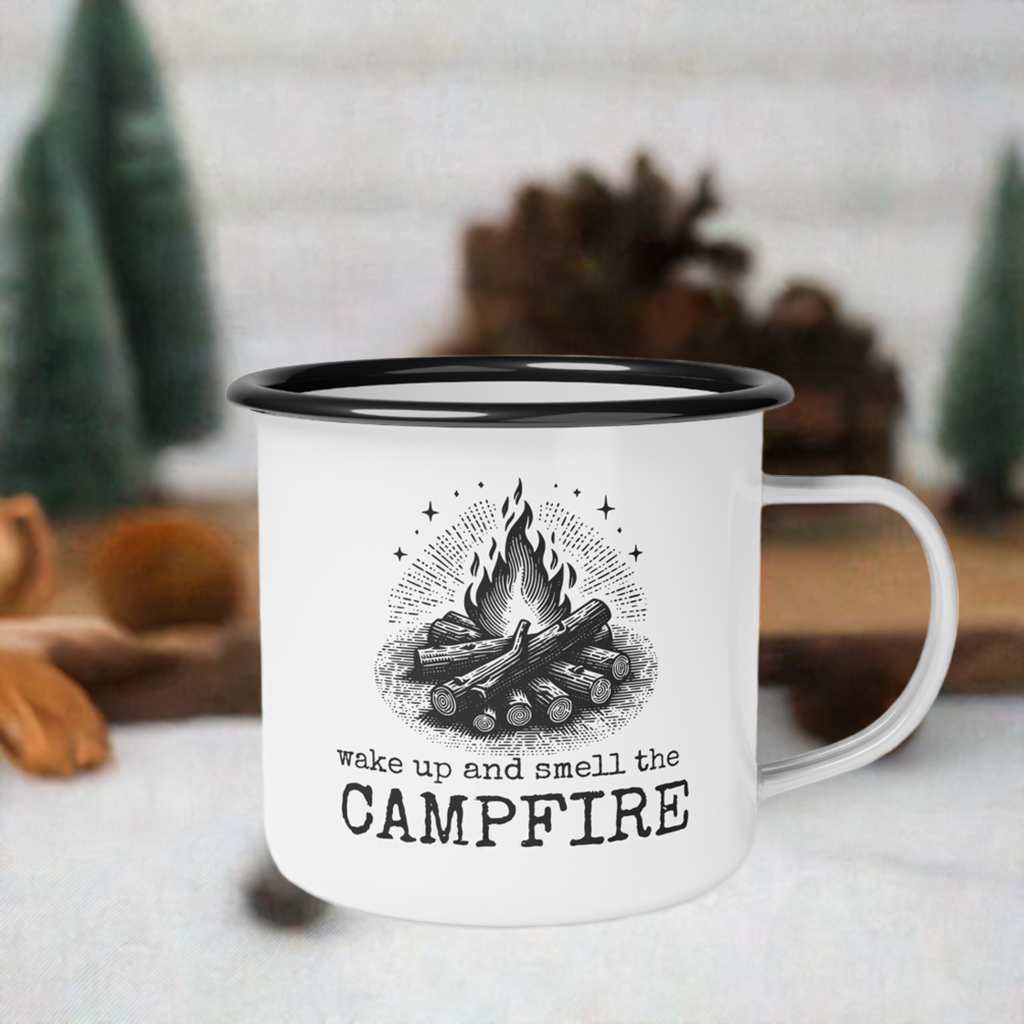 wake up and smell the campfire enamel mug